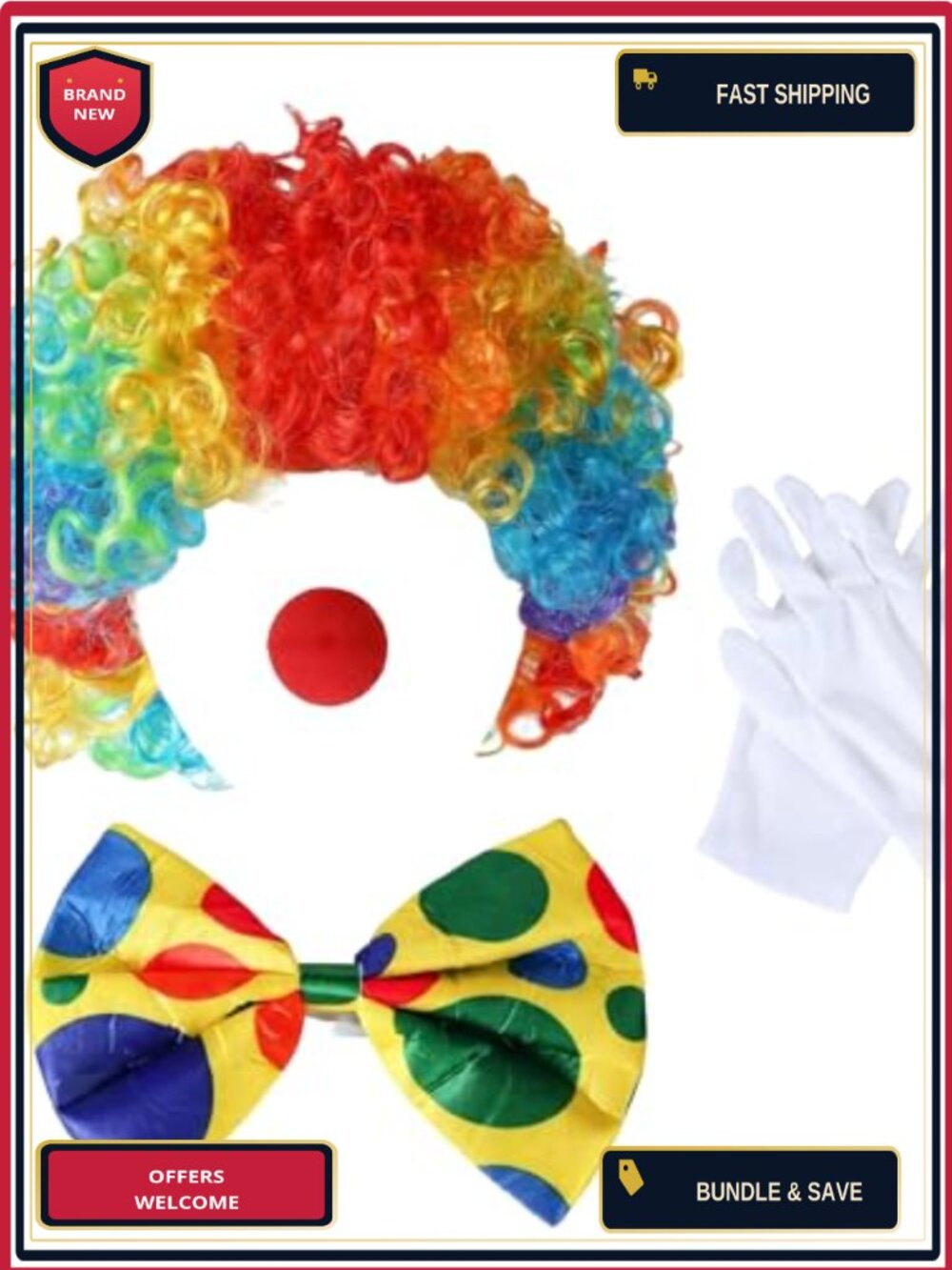 Clown Costume Set Rainbow Wig Nose Bow Tie Gloves Adult Halloween